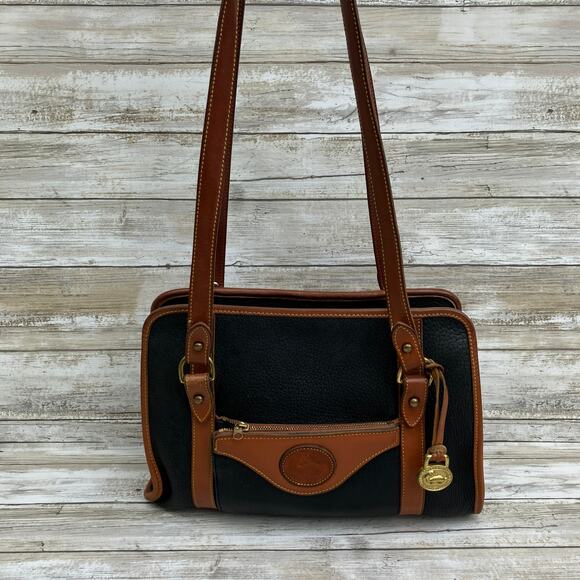 VTG Dooney & Bourke Purse Tote Black Tan Small All Weather Leather Shoulder Bag - Picture 2 of 15